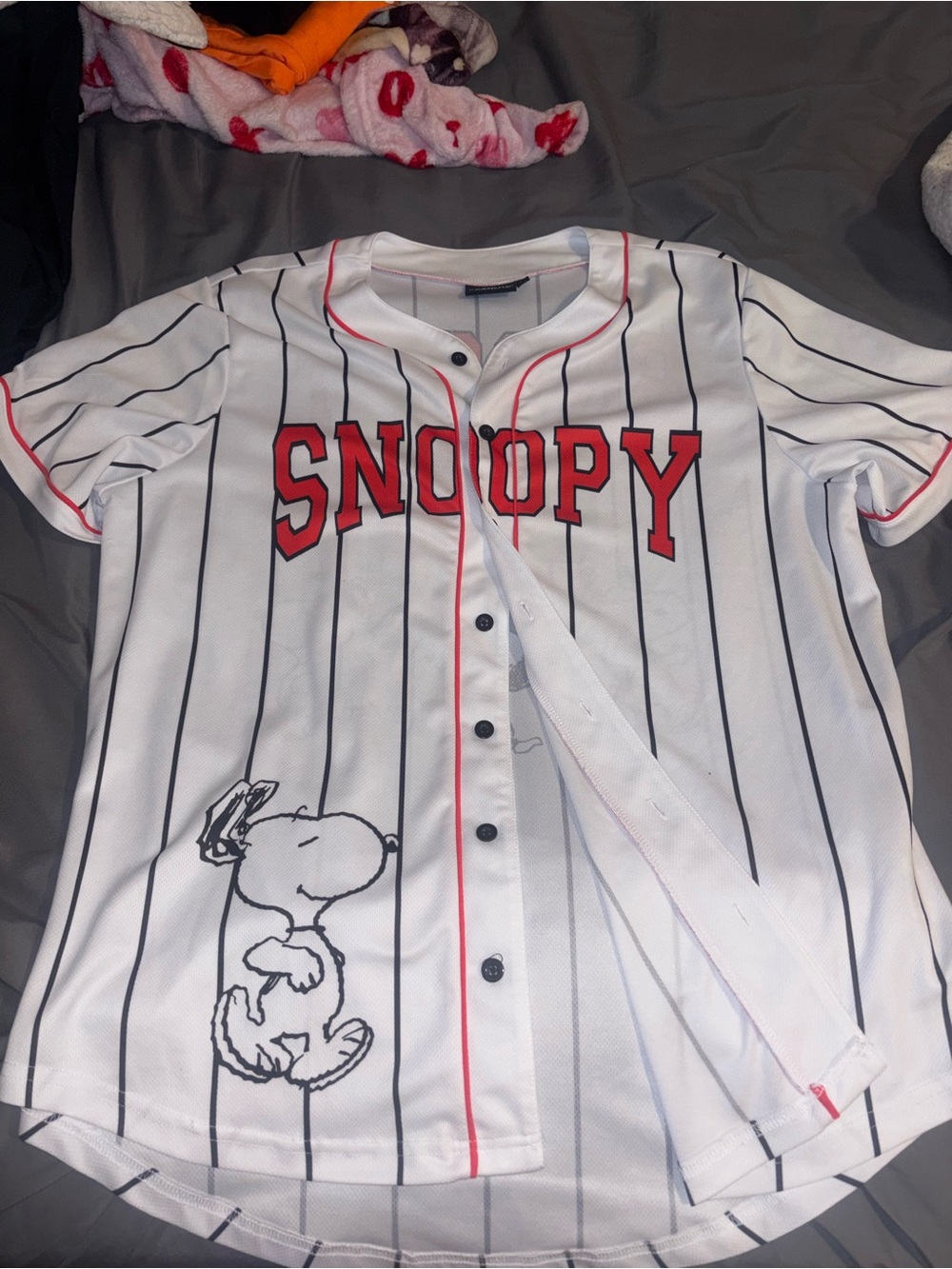 Peanuts White Baseball Jersey with Black Stripes and Red Lettering